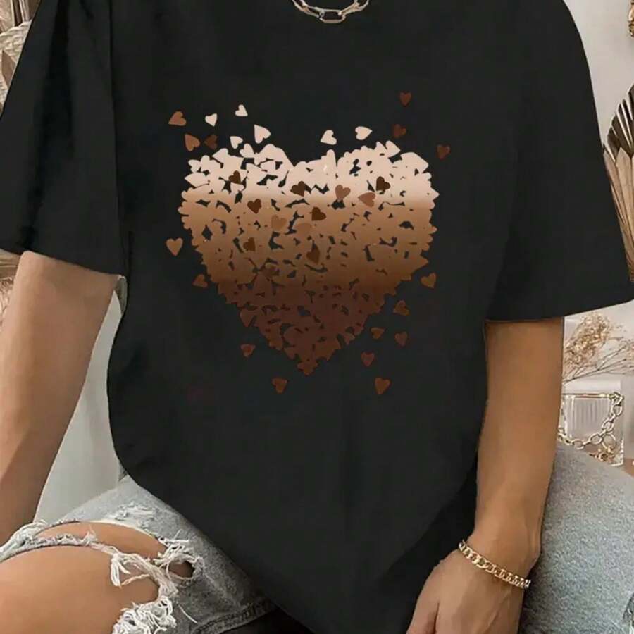 Heart-Shaped Fragment Print Tee, Casual Short Sleeve Crew Neck T-Shirt, Women'S Clothing