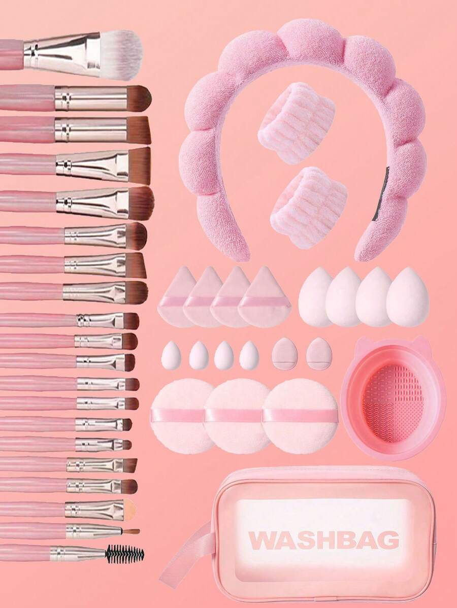 42pcs Makeup Brush Set Includes Soft Hair Makeup Brush: Paint Brush, Eye Shadow Brush, Eyebrow Brush, Lip Brush, Detail Brush+1pc Waterproof Makeup Bag For Storing Cosmetics And Makeup Tools+2 Wristbands And 1 Headband For Face Washing And Hair Cutting