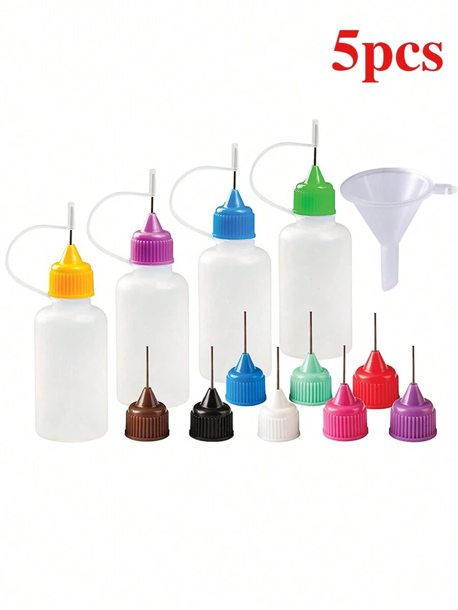 5pcs Precision Tip Liquid Bottles, 0.34oz, Assorted Colors, With Mini Funnel, Suitable For Glue, Ink, Acrylic Paint - Plastic, Ideal For DIY Crafts And Art Projects