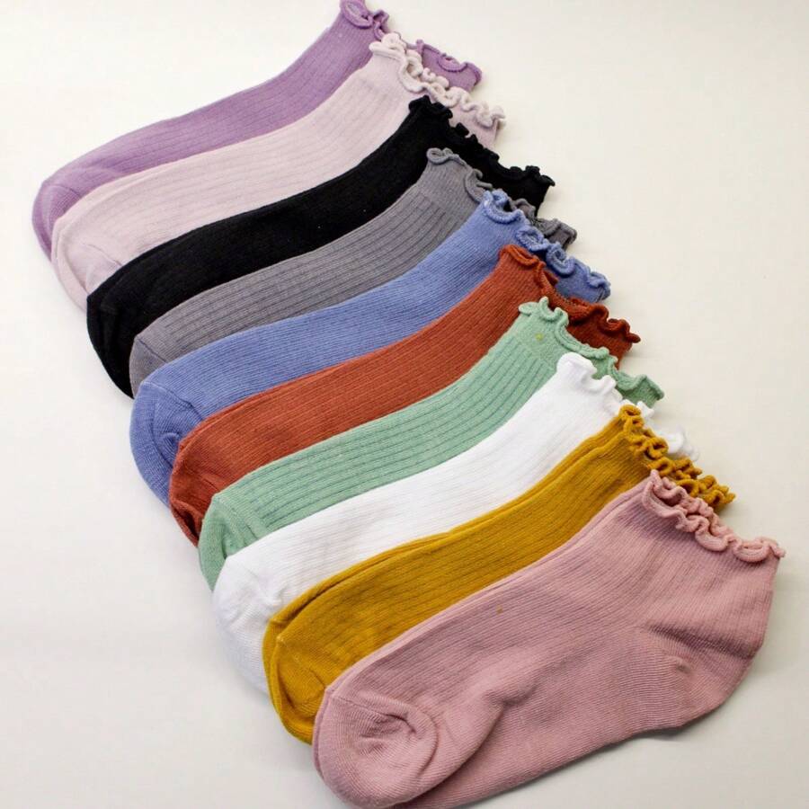 5/10 Pairs Of Women's Solid Color Wooden Ear Hem Socks, Candy Color Loose Hem Socks For Women.
