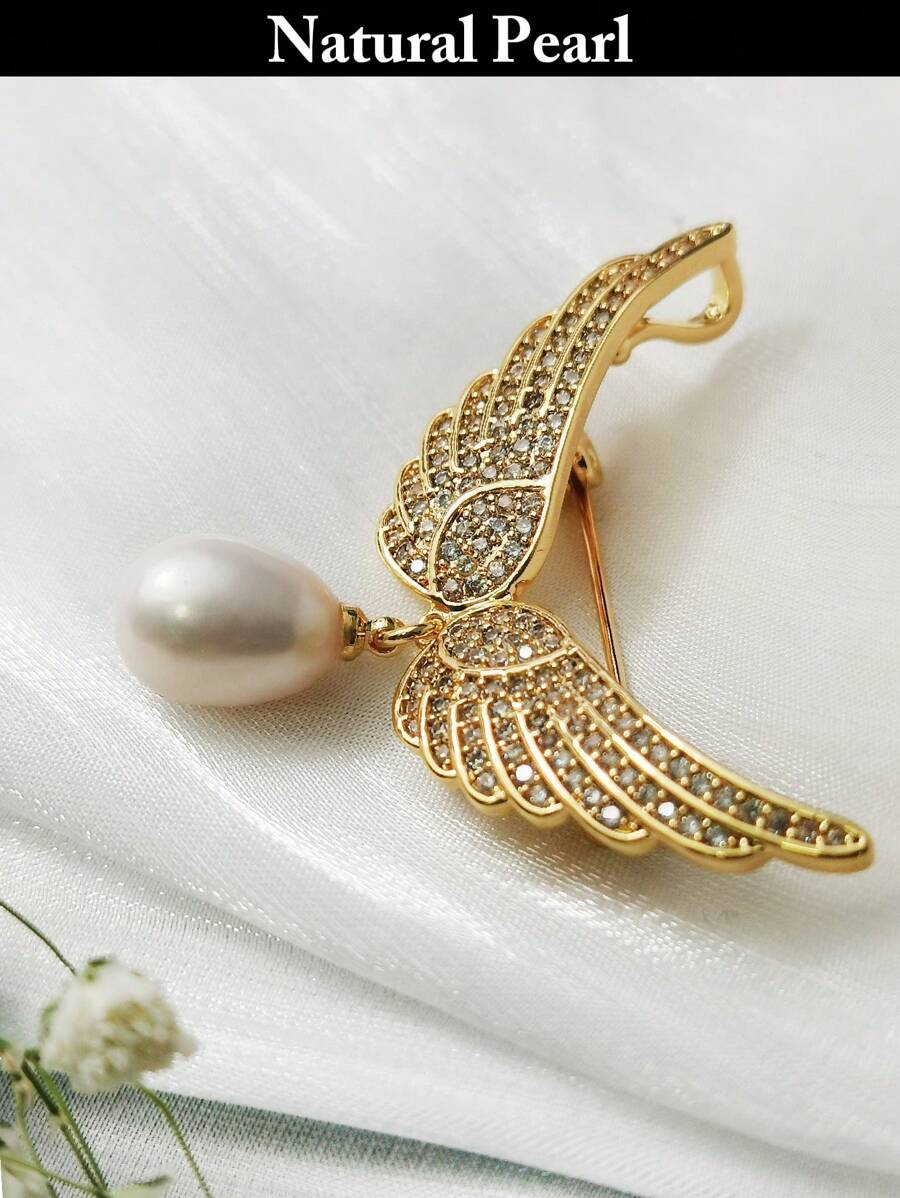 1pc Natural Cultured Freshwater Pearl Brooch, Angel Wing & Ginkgo Leaf & Flower Design, Elegant Lady's Western Jewelry Accessory, Beach/Pride/Birthday/Graduation Gift
