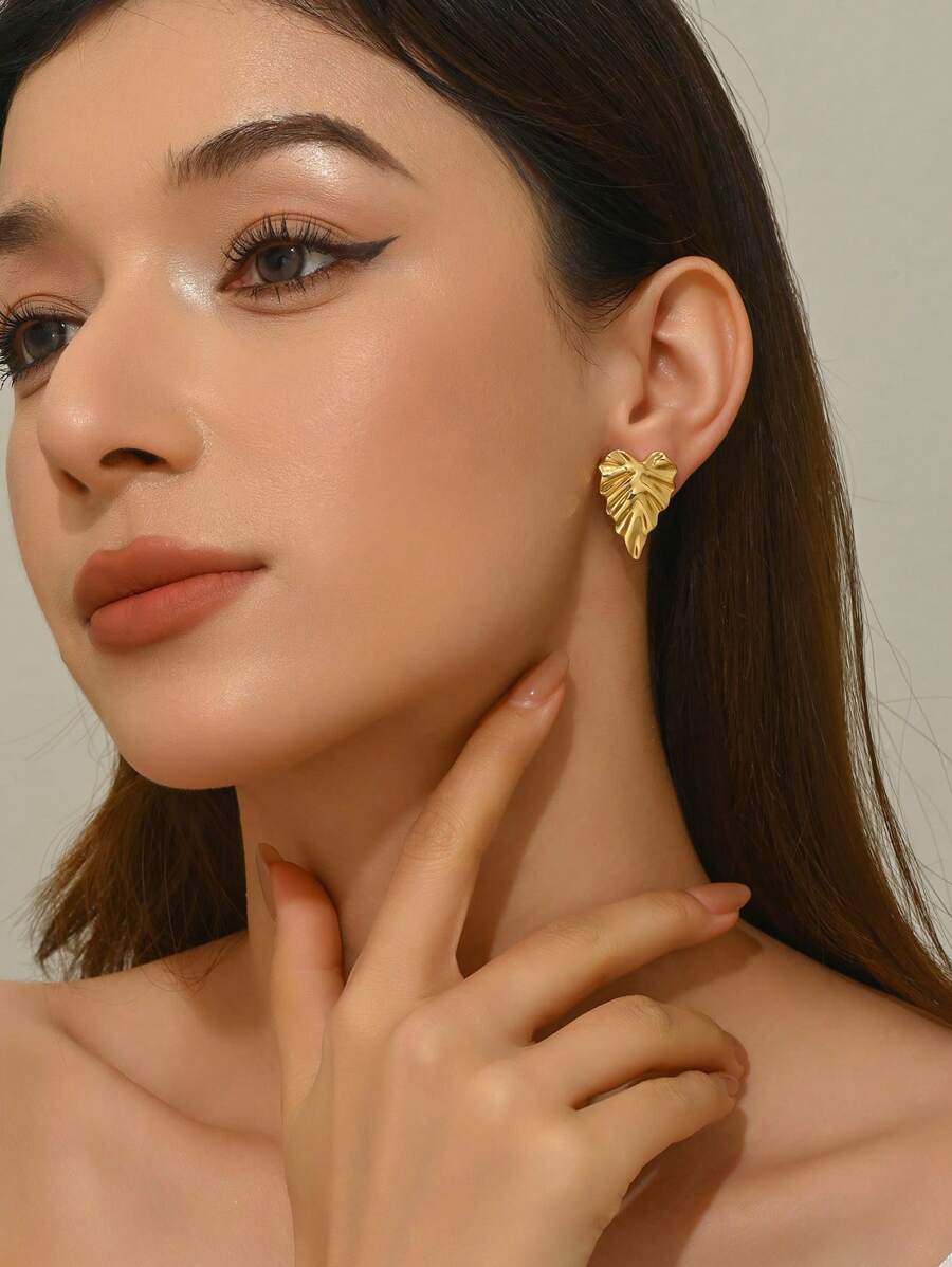 1 Pair Stainless Steel Leaf Design Stud Earrings, Suitable For Women's Daily Wear Or Party Occasions, Countryside Style