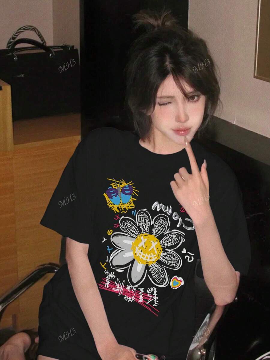 Sunflower Printing T Shirt Round Neck Shirts Summer Top Color Fashion Women Sleeve