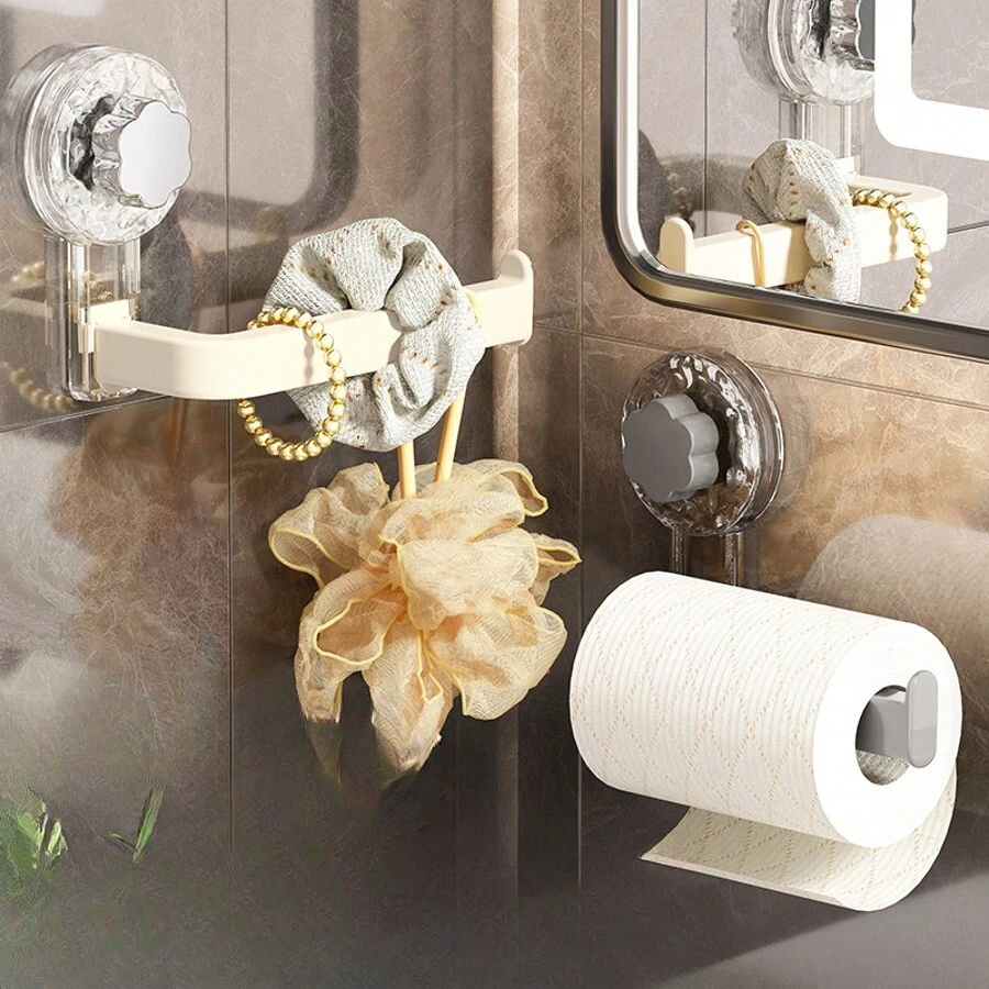 Wandgemonteerde toiletrolhouder - Zelfklevend, Geen boren vereist, Geschikt voor keuken en badkamer, Gemaakt van kunststof - Multifunctionele tissuerol en handdoekhouder