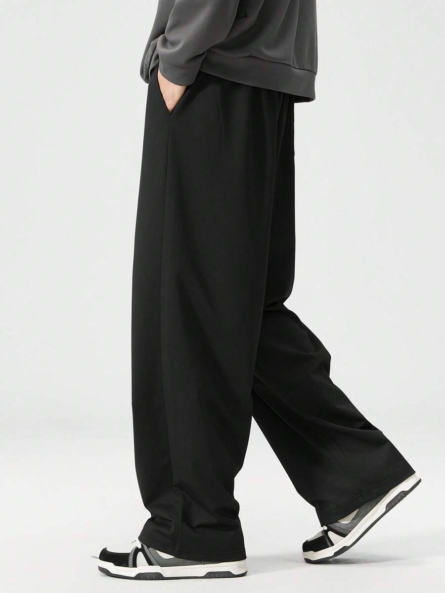 Plus Size Straight Leg Black Knit Casual Pants, Suitable For Spring And Summer