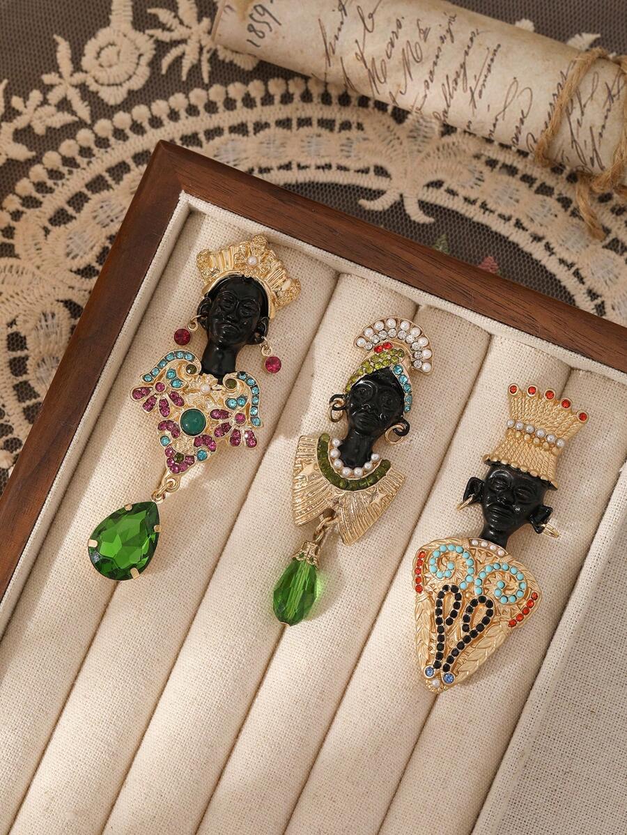 1pc Fashion Crystal Tassel Black Chief Lady Brooch, Suitable For Women's Daily Wear