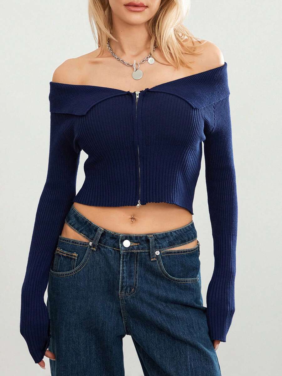 Women Knit Crop Tops Solid Color Boat Neck Long Sleeve Off Shoulder T-Shirts Spring Fall Zipper Slim Fit Shirts Streetwear
