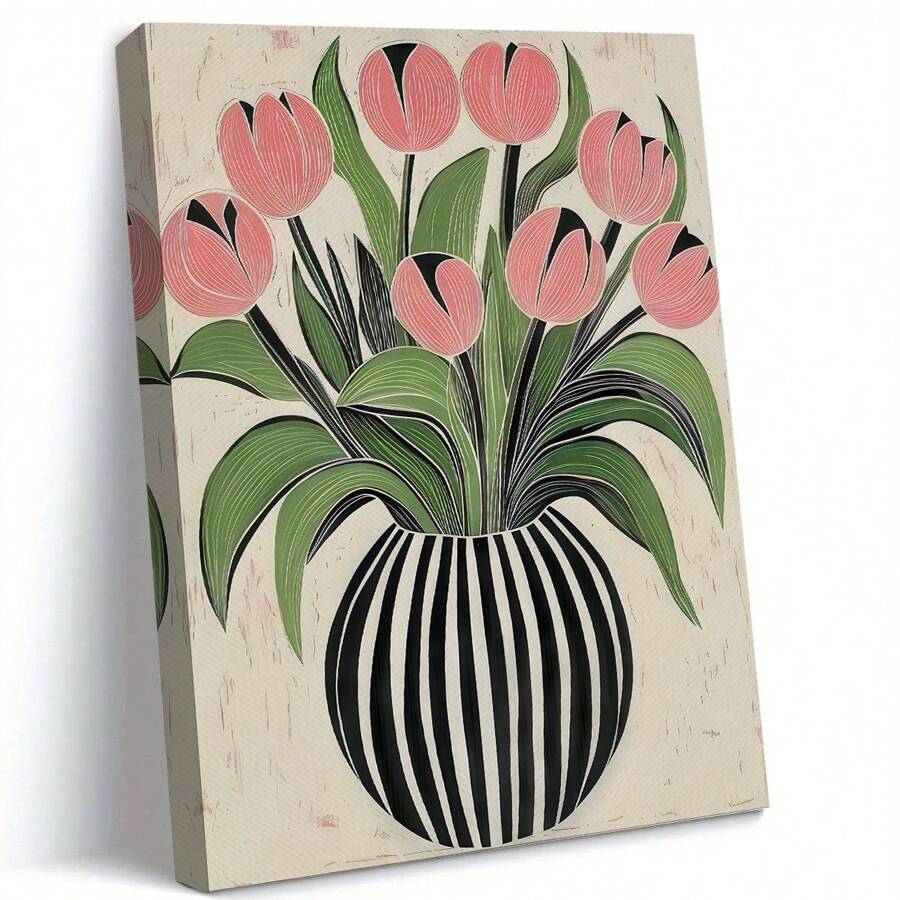 1pc Art Deco Bloemen Olieverfschilderij Op Canvas Gestreepte Vaas Ontwerp Van Tulpen, Houten Omlijste Muurkunst Decoratie Voor Thuis Kantoor Woonkamer Slaapkamer Herfst En Winter Thema, Interieur Portret Kunstdruk -Botanisch-Modern,Poster