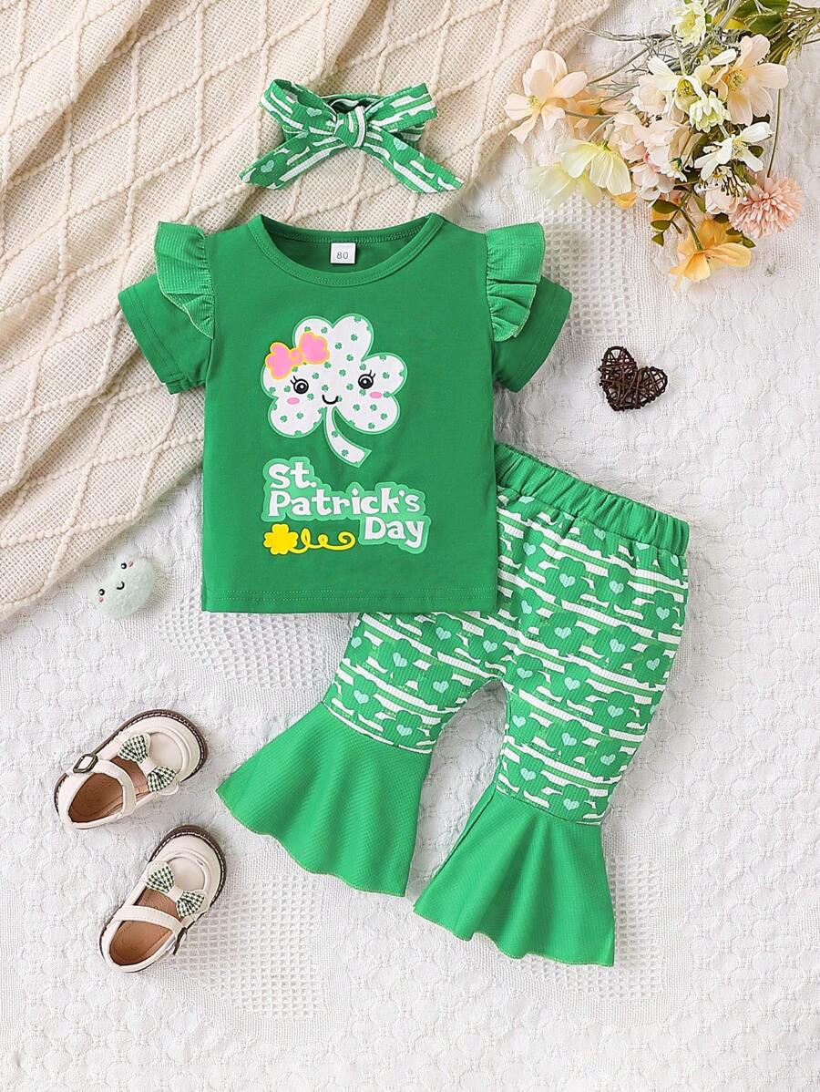 Girls St.Patrick's Day Letter Print T-Shirt Top And Pants Children Summer Outfit