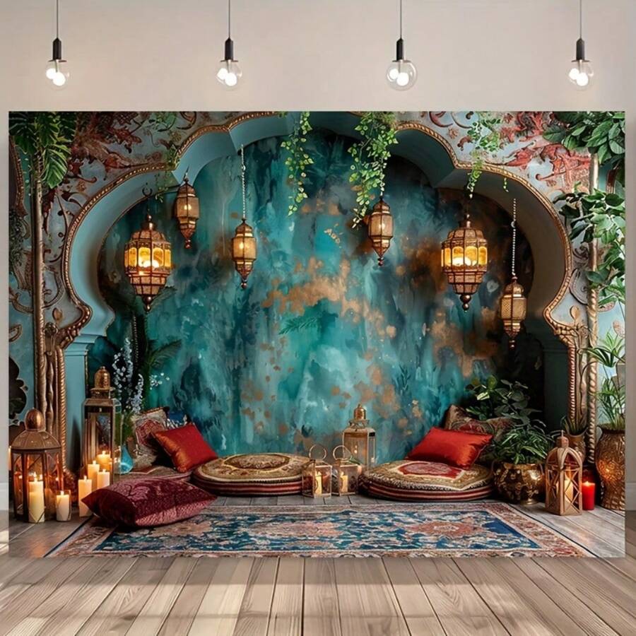 Vintage European Cathedral & Palace Candlelight Scene - Light Blue Polyester Backdrop, Single-Sided Printing, Suitable For Photo Booth, Living Room, Outdoor Decoration, Festivals And Livestream