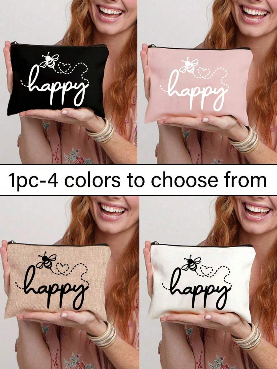 Make-uptas met opdruk van de letters "Happy" en een klein bijenpatroon - lichtgewicht en geurloze reistas van polyester, geschikt voor natuurliefhebbers en vrouwen, leuke multifunctionele canvas tas in cartoonstijl, perfect cadeau voor tieners, verjaardags- en reisaccessoires, vakantiecadeaus, boho-sfeer, voor strandvakanties, badkamercollectie, slaapkamercollectie, grote capaciteit