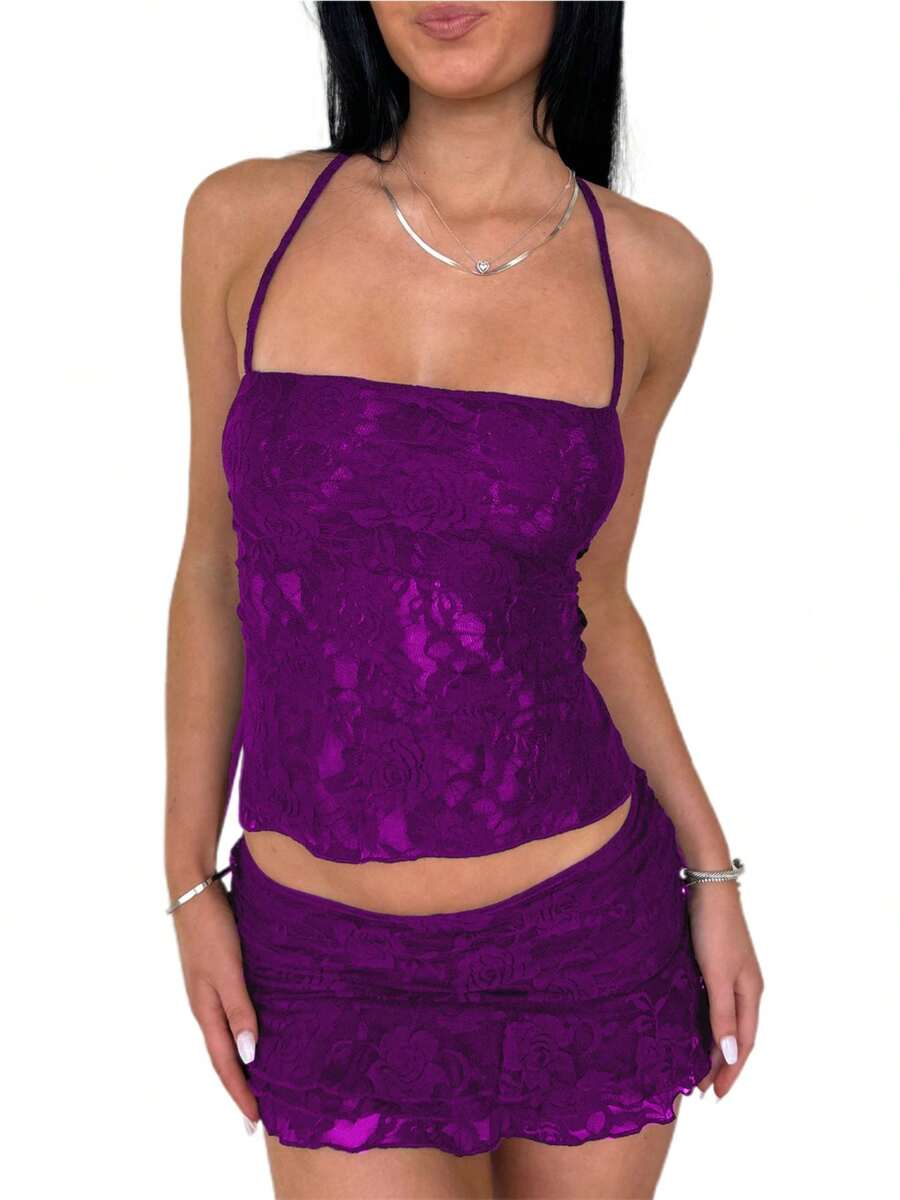 Women Lace Outfit Tie-Up Back Sleeveless Crop Tops Low Rise Mini Skirt 2 Piece Set For Party Club