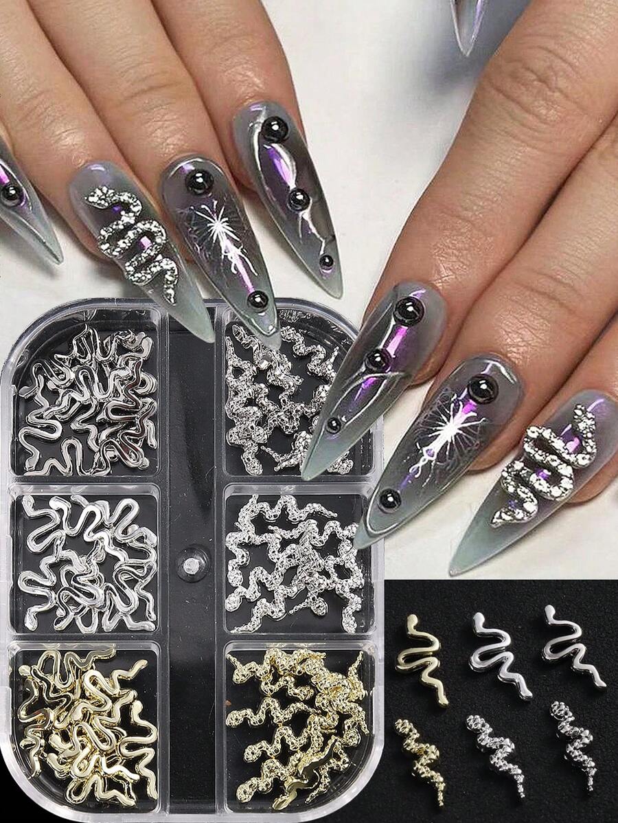 6Grids 3D Goud Zilver Slang Nagelbedels Metaallegering Slang Decoraties Gotische Punk Stijl Nagel Strass Bling Manicure Sieraden Accessoires