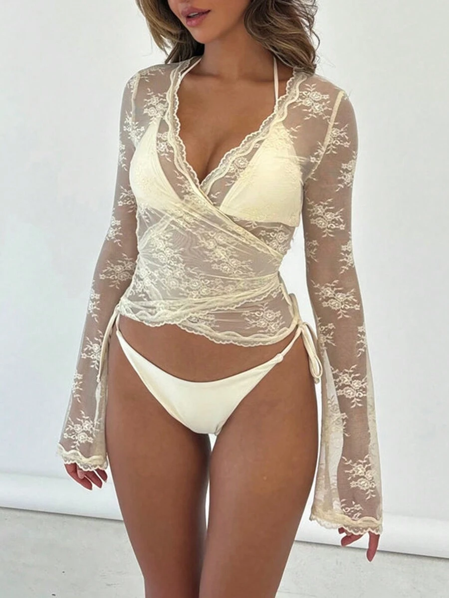 Women Y2K Lace Floral Long Sleeve Shirts Tops Sheer Mesh See-Through Deep V Neck Cross Wrap T-Shirts Slim Fit Going Out Tees Tops Vintage Aesthetic Clothes Streetwear