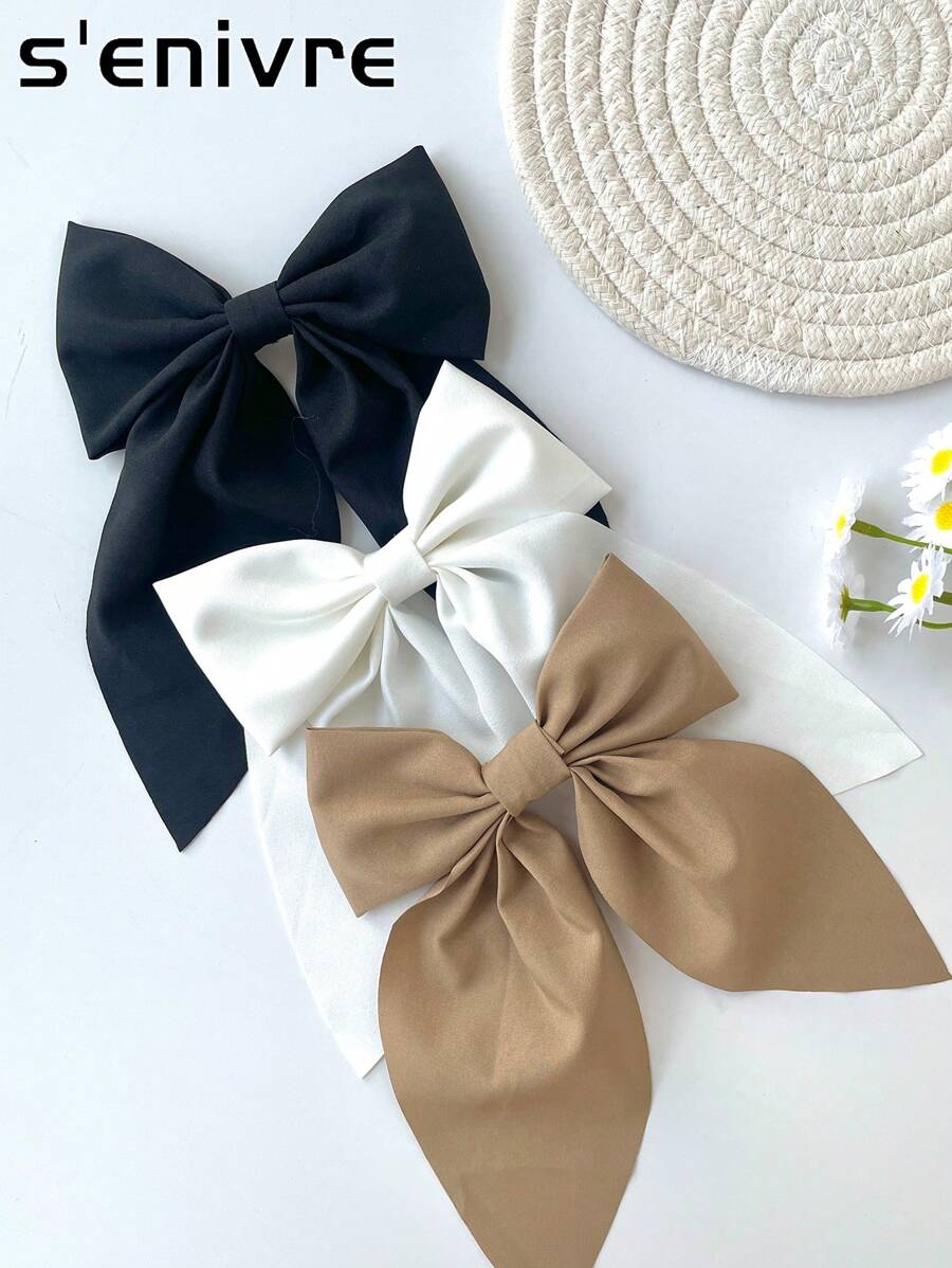 3 elegante haarspeldjes in bohemienstijl met zijdezachte satijnen strikjes, grote haarspeldjes met strik, metalen clips, haarspeldjes met lange staart, Franse haarspeldjes voor vrouwen en meisjes, effen kleur, haaraccessoires voor elke plek, haarspeldjes met klauwen
