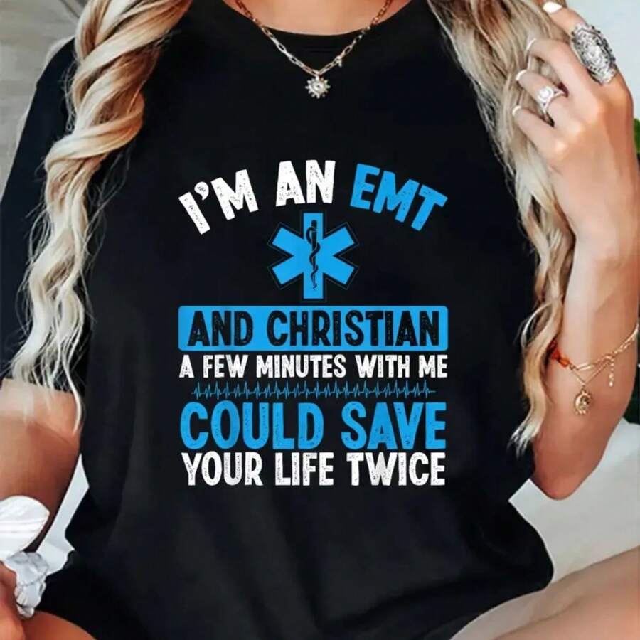 Women's I'm An EMT Humorous Graphic Tee - Casual Black T-Shirt With Blue Rod Of Asclepius Print, Short Sleeve Crew Neck, Machine Washable