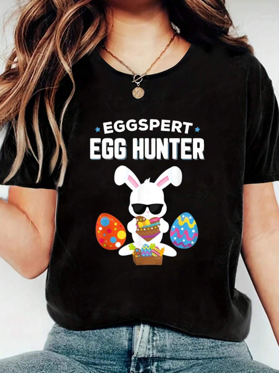Eggspert Egg Hunter Easter T-Shirt Boys Girls Cool Bunny T-Shirt Printed Round Neck Women's T-Shirt - Soft, Breathable, Short Sleeve Casual Women's T-Shirt