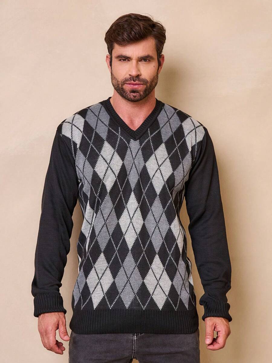 Men's Knitted Sweater V-Neck Wool Men's Cold Weather Sweater V-Neck Long Sleeve