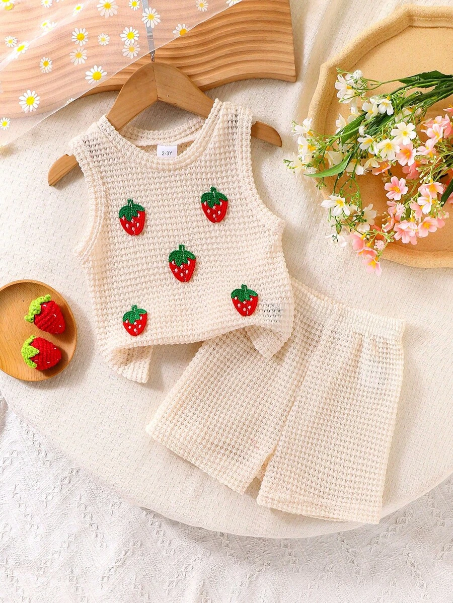 2pcs Young Girl Cute Strawberry Hollow Out Knitted Vest & Breathable Solid Color Shorts Set
