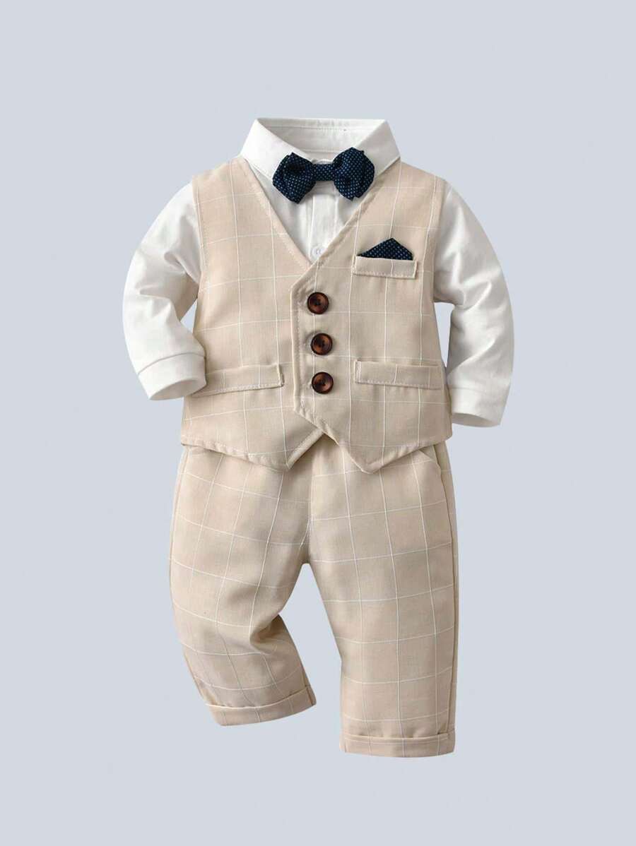 BOARNSEORL Conjunto de traje de caballero para niños pequeños de 3 piezas: camisa de manga larga blanca con moño, chaleco y pantalones a cuadros, elegante y adecuado para fiestas de cumpleaños, fiestas de noche, bodas, bautizos, primeras celebraciones de cumpleaños