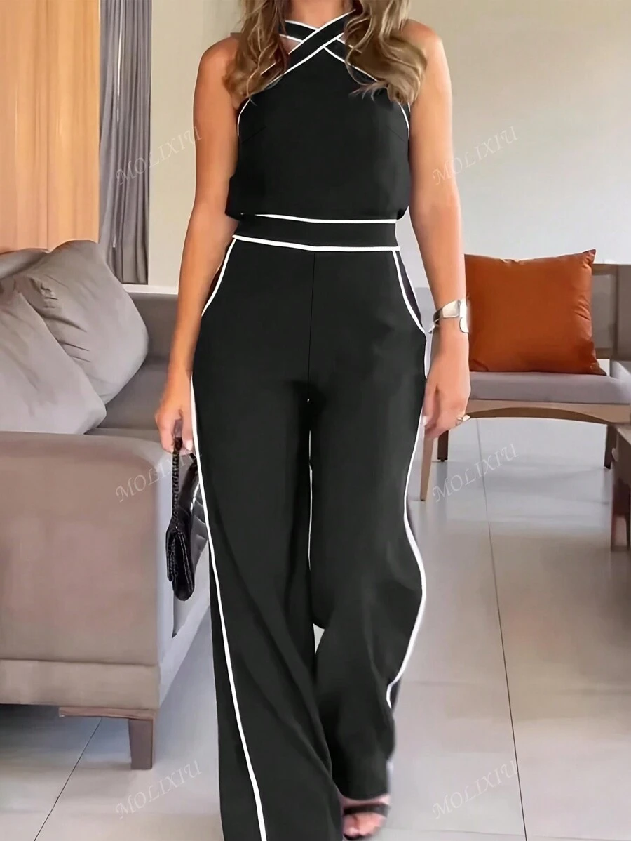 Conjunto de 2 piezas: Mono de pierna ancha con cinturón y escote cruzado de moda para mujer