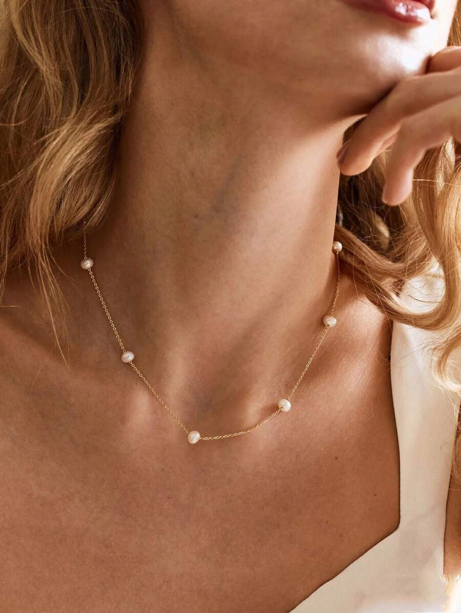 1pc Dainty Stainless Steel Multiple Faux Pearl Necklace 18K Gold-Plated Anti Fading Chain Layered Necklace For Women Romantic Holiday Wedding Jewelry Choker Daily Wear Accessories Bridesmaid, Valentine's Day, Mother's Day Gifts,Mom,Mother,Mother's Day,Gift
