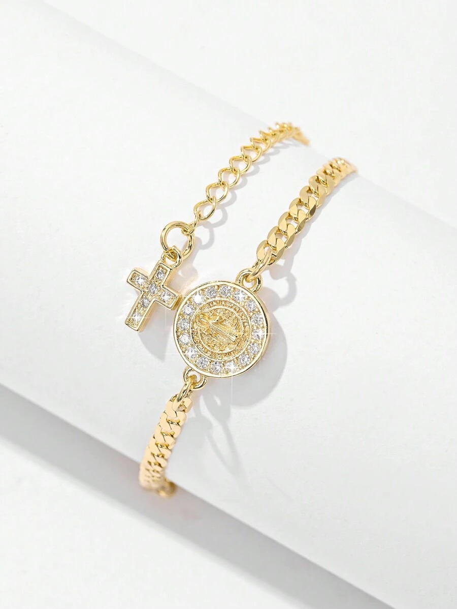 1pc Classic Fashion Micro-Inlaid Cubic Zirconia Copper Chain, Gold Plated, Multi-Layer Floral Embossed Catholic Saint Benedict & Jesus Cross Charm Bracelet, Suitable Gift For Mother/Valentine's Day/Couples/Sisters/Friends/Believers, For Daily Use & Prayers