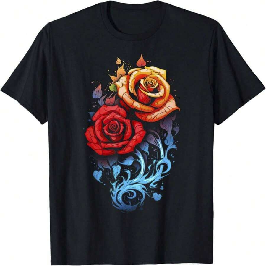 Colorful Art Abstract Painting Rose1 Piece, 100% Cotton,Washed Printed T-Shirt, Seasonal Casual Men's T-Shirt, Round Neck Cotton Short-Sleeved T-Shirt, Christmas Gift.