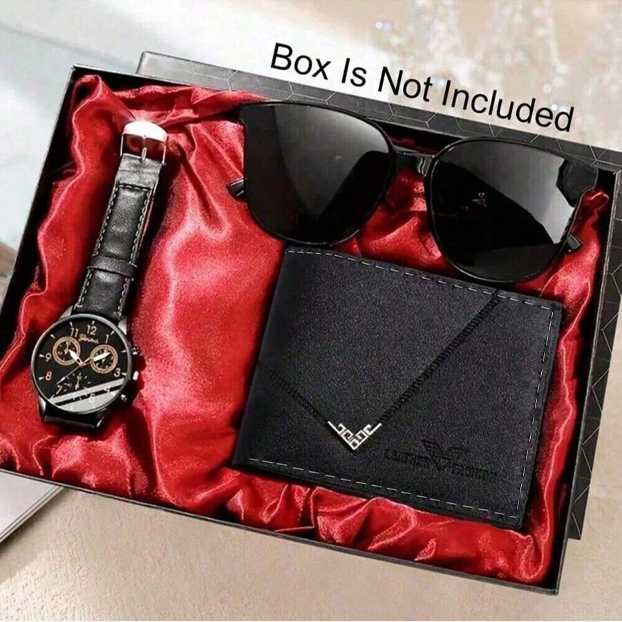 Set de regalo de moda para hombre con 3 piezas: cinturón negro, reloj con ojos digitales, cartera corta y gafas de sol personalizadas, ideal para regalar
