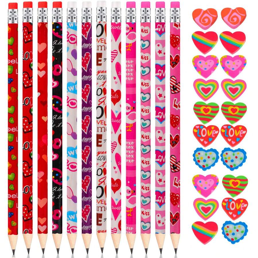 Set de 24/48/72 lápices surtidos para el Día de San Valentín con borradores con forma de corazón para regalos de San Valentín, regalos de intercambio, suministros para fiestas de San Valentín, regreso a clases