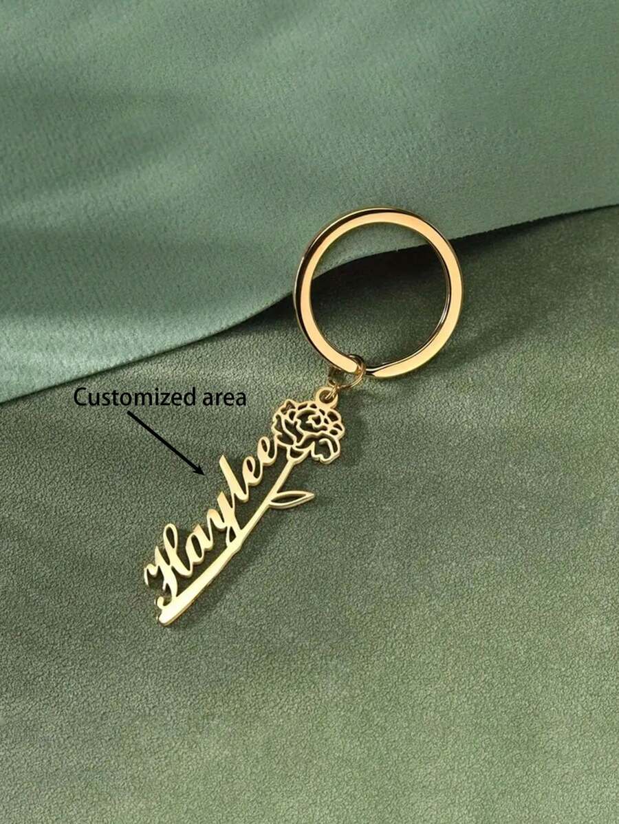 Floral Design Personalized Name Keychain - Stainless Steel, Suitable For Holiday Gifts, Single Keychain