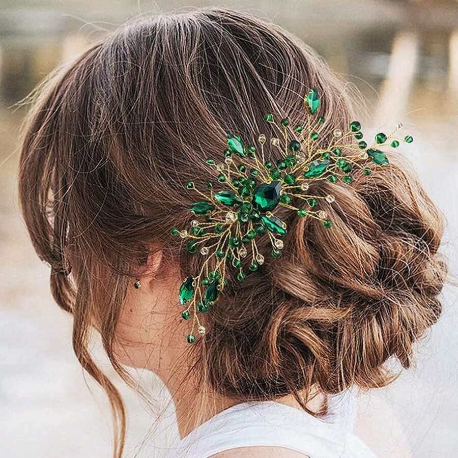 Handmade Crystal Hair Comb Bride Wedding Hairpin, Green Emerald Color Crystal Hair Accessories,Bride Hair Styling, Side Comb