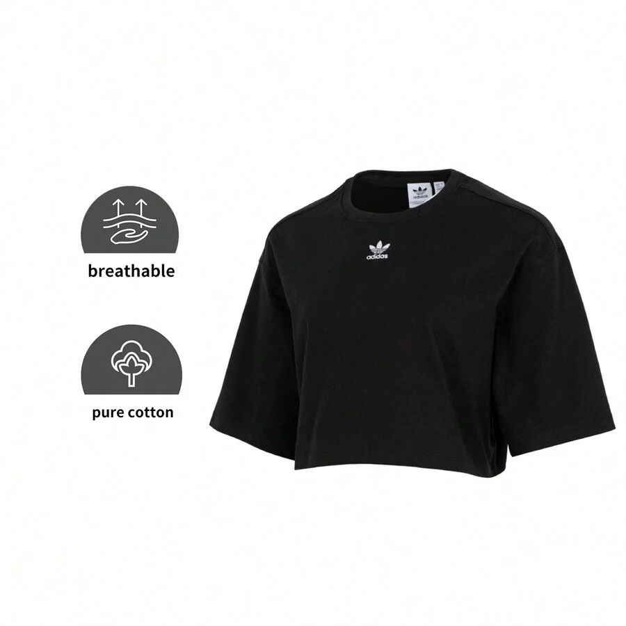 Adidas Originals Maglietta corta a maniche corte con logo a trifoglio, crop top da donna per attività sportive, colore nero, IT9887