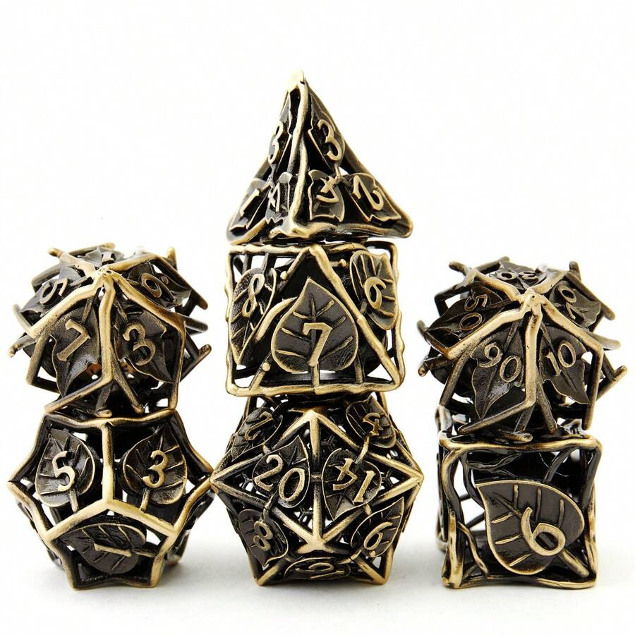 7pcs/Set Hollow Vintage Polyhedral Leaf-Shaped Dice Set, Astonishing Gift For D&D Board Game Lovers (Antique Bronze Color)