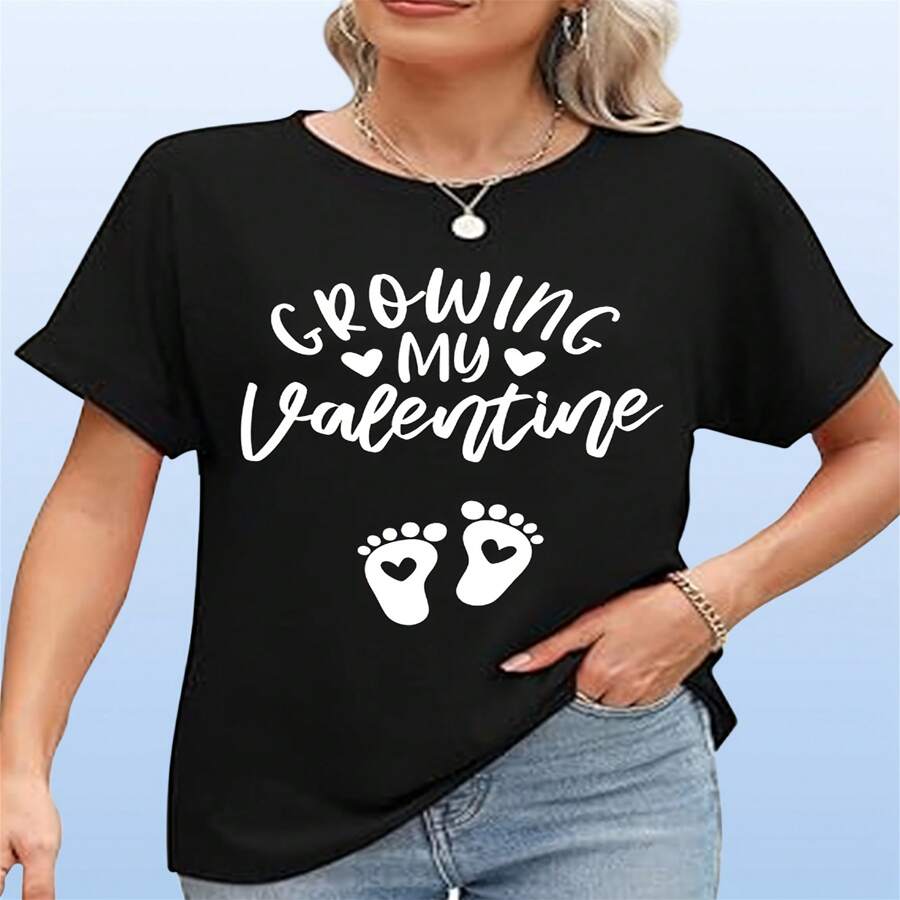 Plus Size Cotton Crew Neck T-Shirt With Cartoon Growing My Valentine Print, Short Sleeve, Regular Fit, Slight Stretch, Knit Fabric, Sporty Style, All-Season Pullover For Pregnant Women