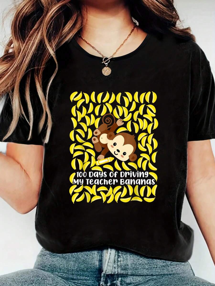 100% Cotton 100th Day Of School Teacher Monkey Pun Banana T-Shirt