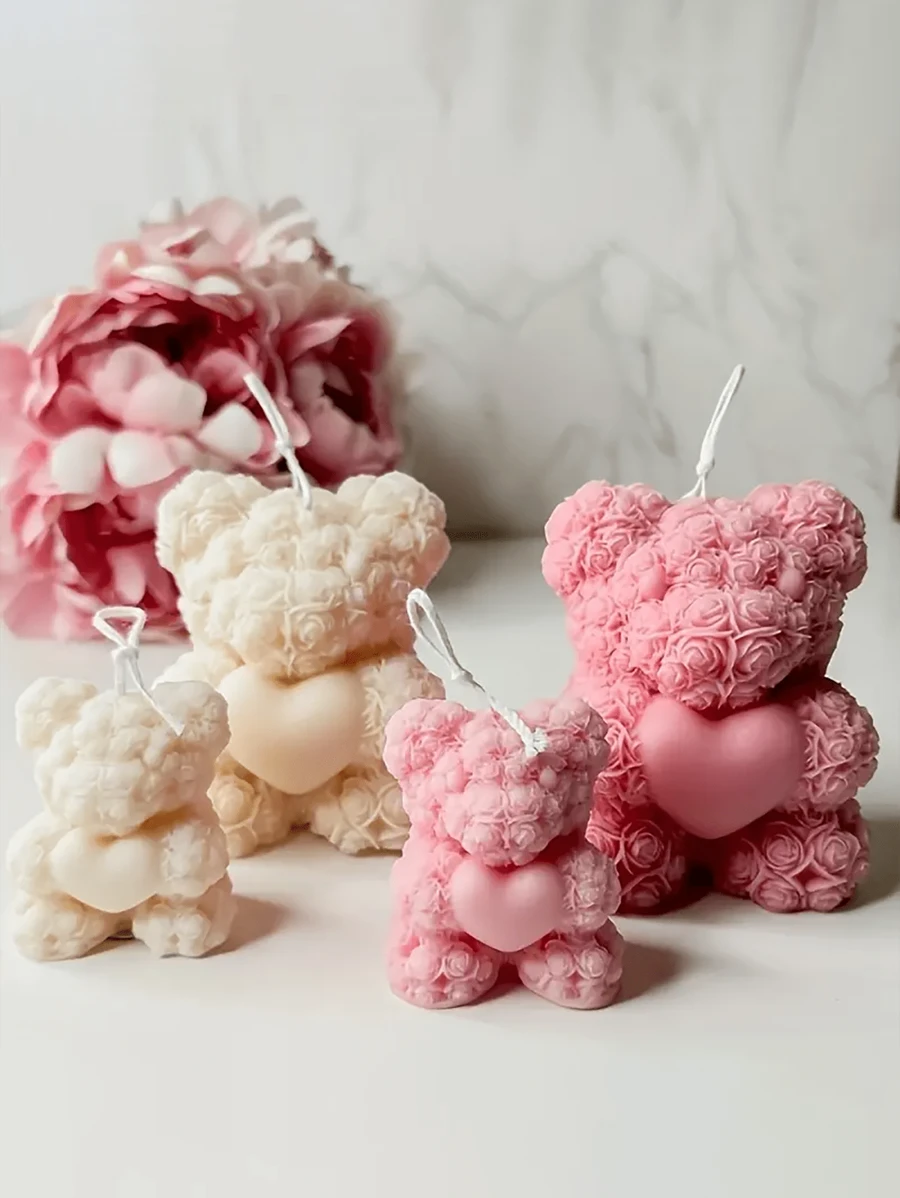 1 pieza Vela aromática en forma de oso de rosas hecha a mano DIY, decoración creativa para el dormitorio. Regalo del día de San Valentín, cumpleaños, graduación