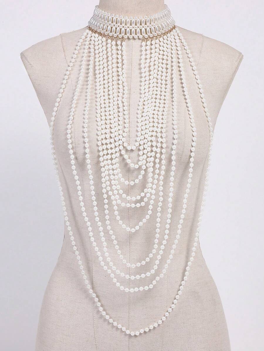 1 pezzo Collana lunga di perle di stile francese, lussuosa e sexy, Collana multi-strato a forma di V per il collo e la clavicola, collana da indossare con il maglione