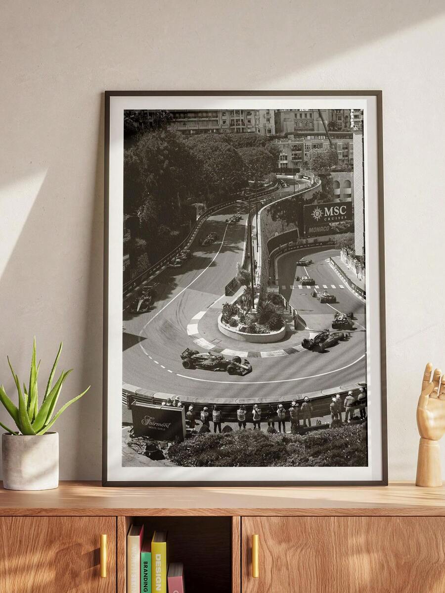 1 pieza, Lienzo colgante, Pintura decorativa enmarcada, Artes de pared, Póster, Gran Premio de Mónaco, Póster, Arte de pared en blanco y negro, Pista de carreras, Regalo de fans, Regalos de cumpleaños y graduación