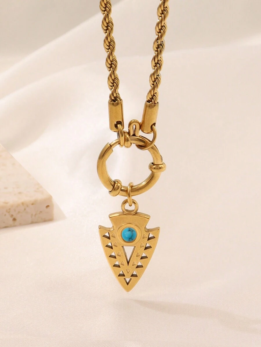 1 pieza Collar con colgante de escudo de piedra natural de acero inoxidable para mujer, color dorado en cadena retorcida de moda