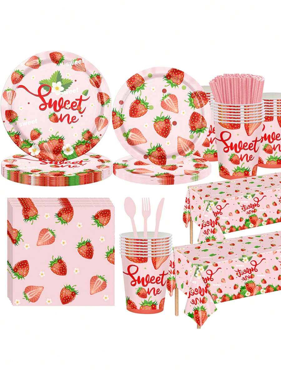 Strawberry Themed Supplies For Girls Sweet Birthday Party Decorations Berry First Disposable Tableware Set Plates Napkins Cups And Forks Knives