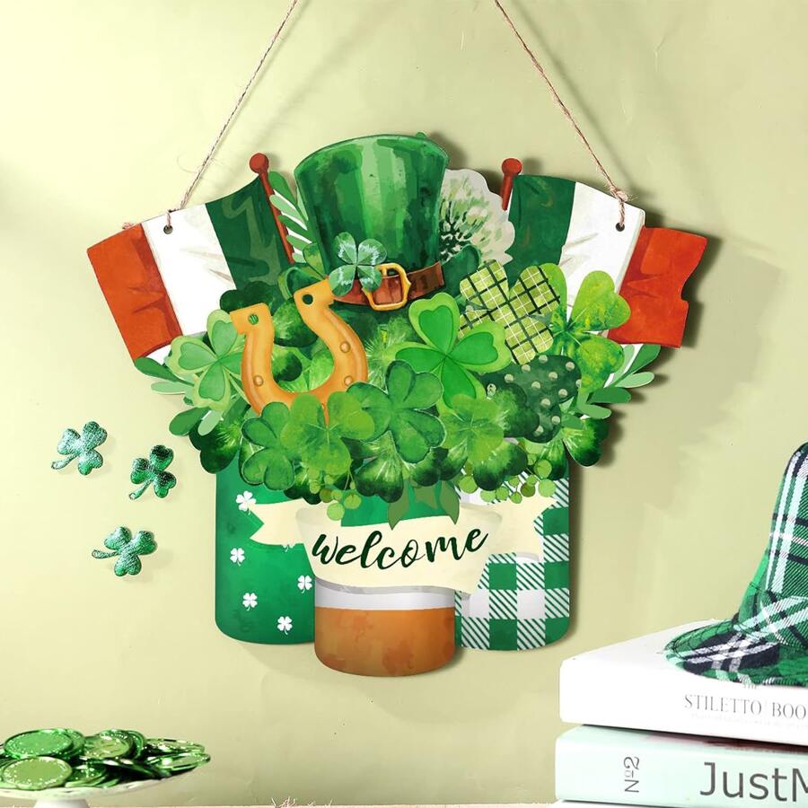 Welkom Houten Bord Voor Voordeur Houten Hanger Bord Zomer Deurbord Houten Lente Welkom Bord Houten Hangend Bord Deurdecoraties Boerderij Portiek Decor Voor Buiten Housewarming Cadeau (Shamrock Stijl)