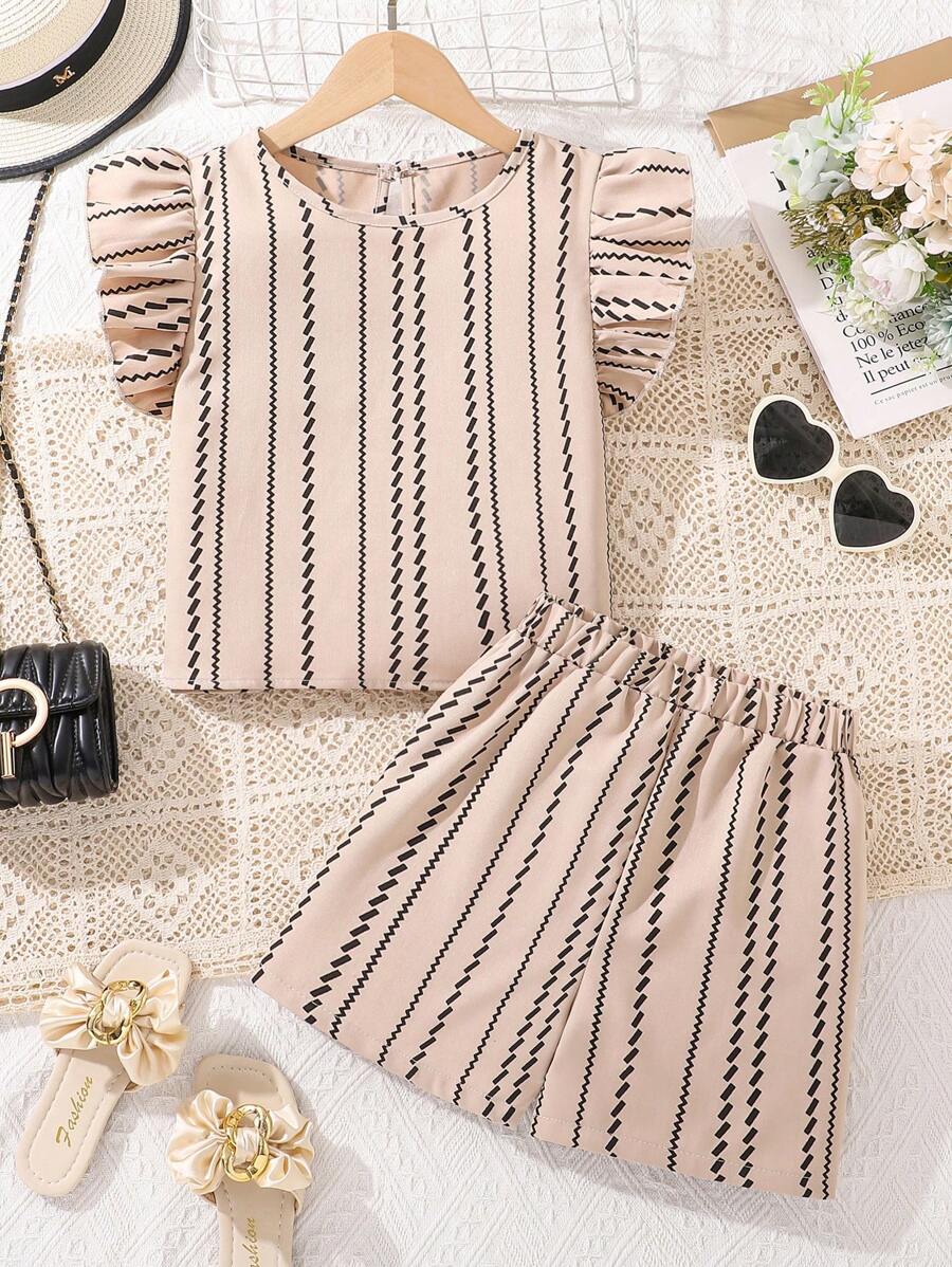 Tween Girls Casual Cute Cap Sleeve Striped Top And Shorts Set, Summer