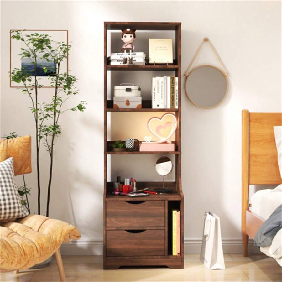Night Stand With Bookshelf, Night Stand With 2 Storage Drawers For Bedroom, Storage Shelves And Drawers For Living Room