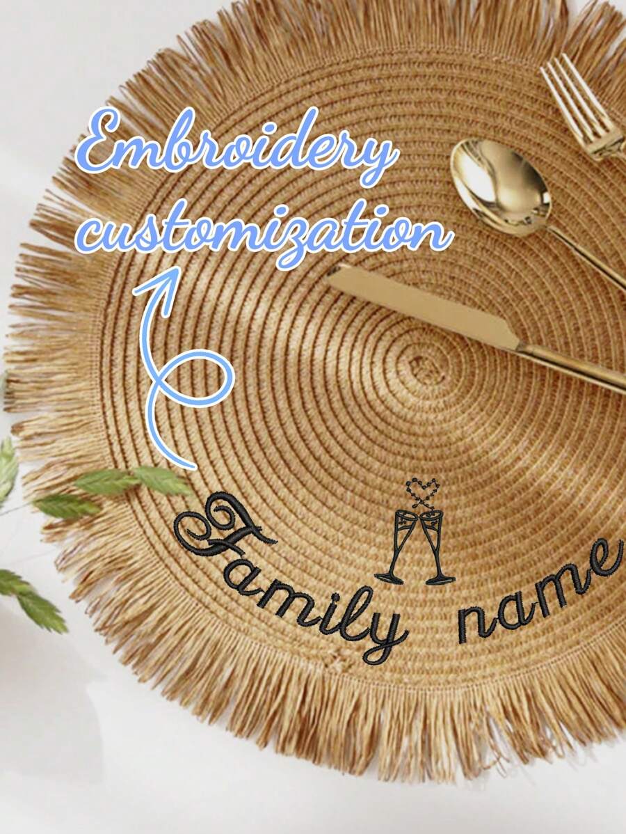 15-Inch Handwoven Straw Round Placemats With Tassel Fringe, Customizable Embroidery Design For Name And Blessing, Suitable For Family Dining, Weddings, Holidays, Parties, Washable And Heat-Insulating, Anti-Slip Table Mat