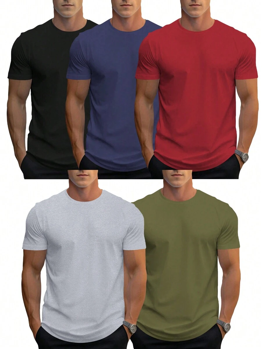 5pcs Men's Summer Basic Plain Short Sleeve T-Shirts, Regular Fit, Casual Sportswear Outdoor Lightweight Tops Tee