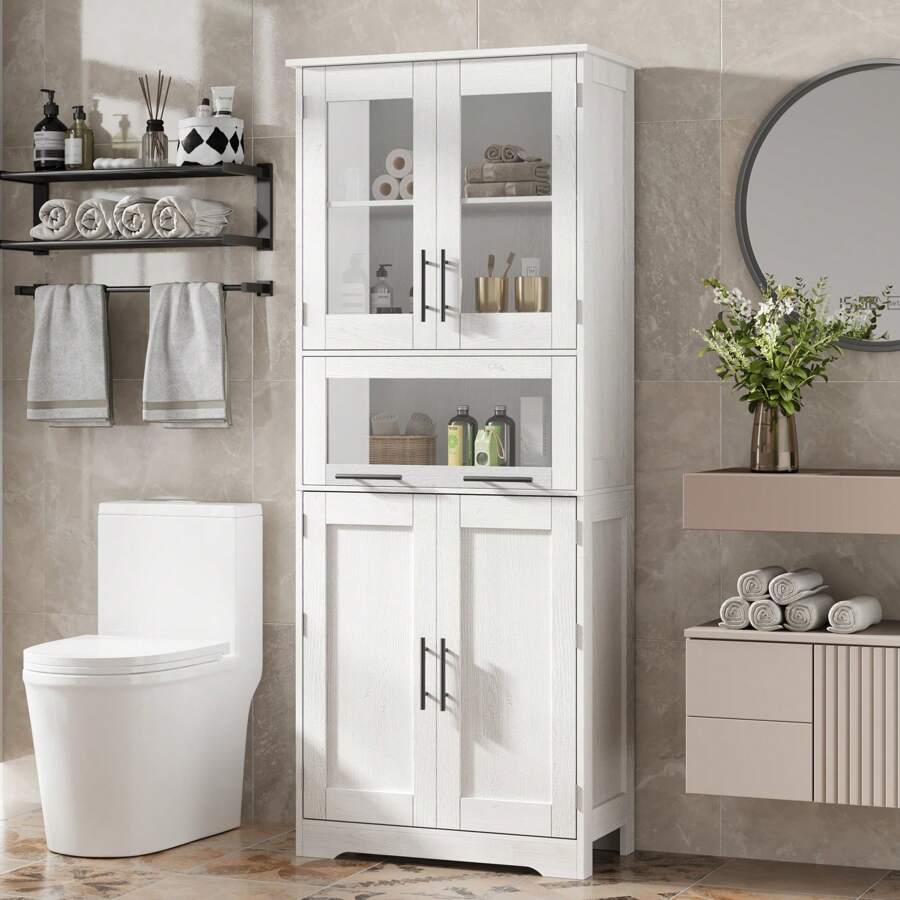 Gabinete de baño alto, gabinete de cocina con puertas de vidrio y estante ajustable, gabinete de piso independiente para sala de estar, lavadero, hogar, oficina