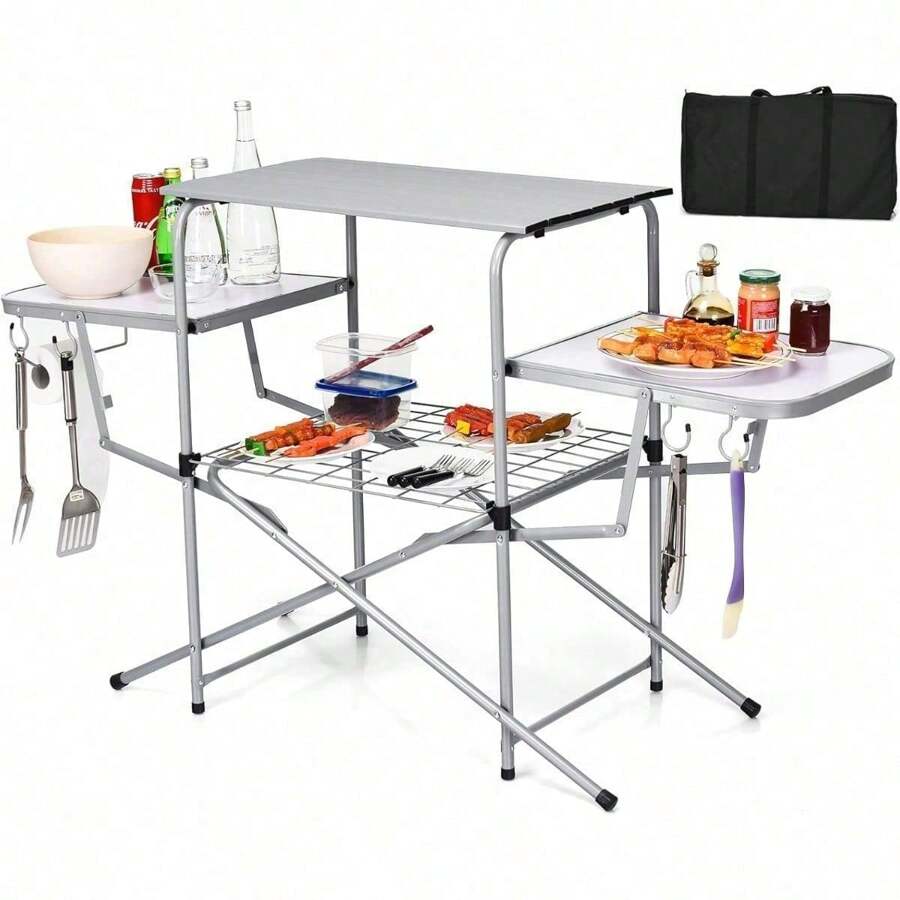 Folding Grill Table With 26'' Main Tabletop, Portable Aluminum Camping Table, Carrying Bag, Quick Set-Up, Outdoor Camping Kitchen Food Prep Station For Picnic Tailgating RVing Backyard