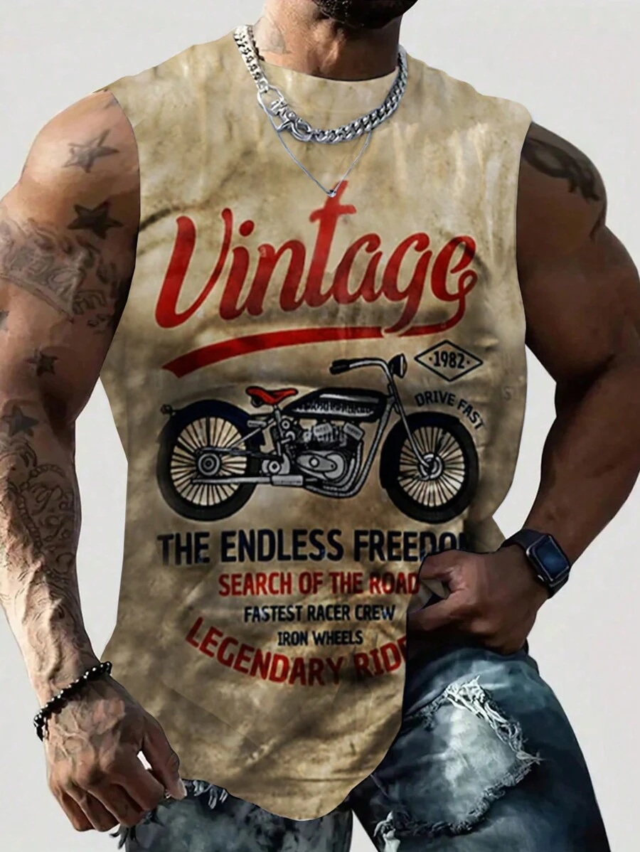 Top de tirantes con gráfico de moto y letras para hombre, adecuada para el verano