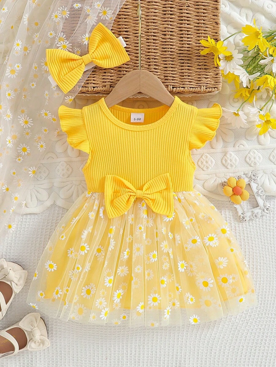 Baby Mädchen Kleid mit Blume Muster, Rundhalsausschnitt, Rüschenärmeln und Stirnband, süß und stilvoll